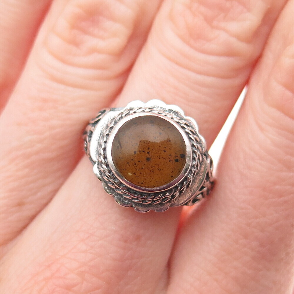 925 Sterling Silver Vintage Real Amber Floral Oxidized Ring Size 7.25